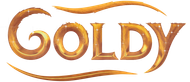 The word goldy is written in gold on a white background