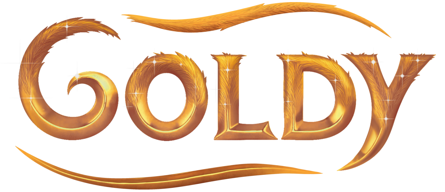 The word goldy is written in gold on a white background
