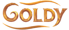 The word goldy is written in gold on a white background