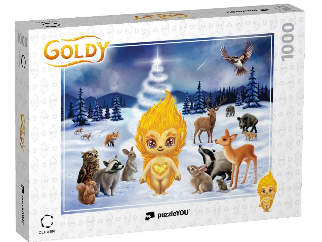 Eine Schachtel goldener Puzzles mit Tieren im Schnee und GOLDY
