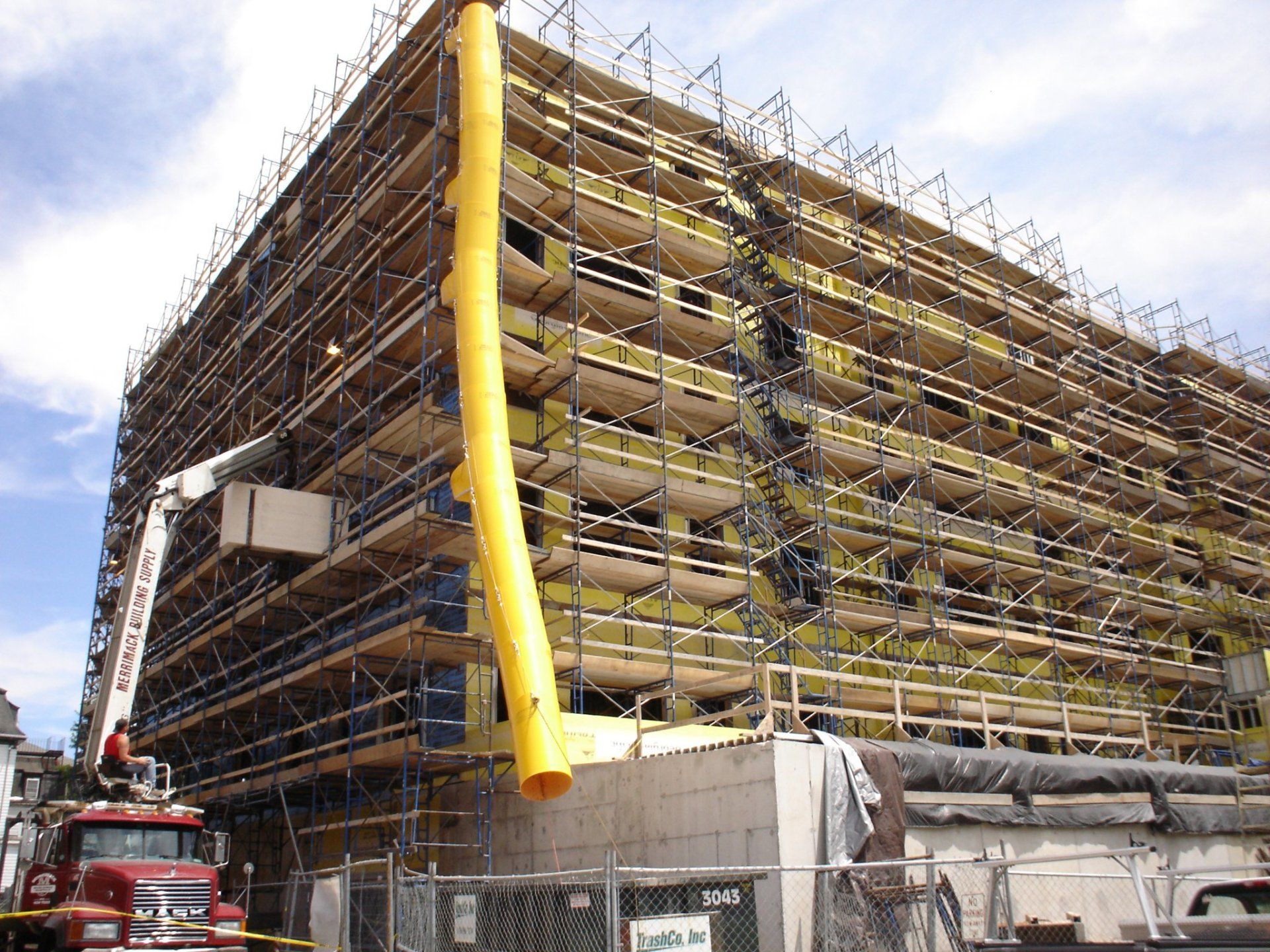 scaffolding, Debri chute, trash chute, New england, massachusetts, Connecticut, Rhode Island, Maine, New Hampshire, Vermont, Shoring, Swing stage, Osha plank, stair tower, Pedestrian Protection
