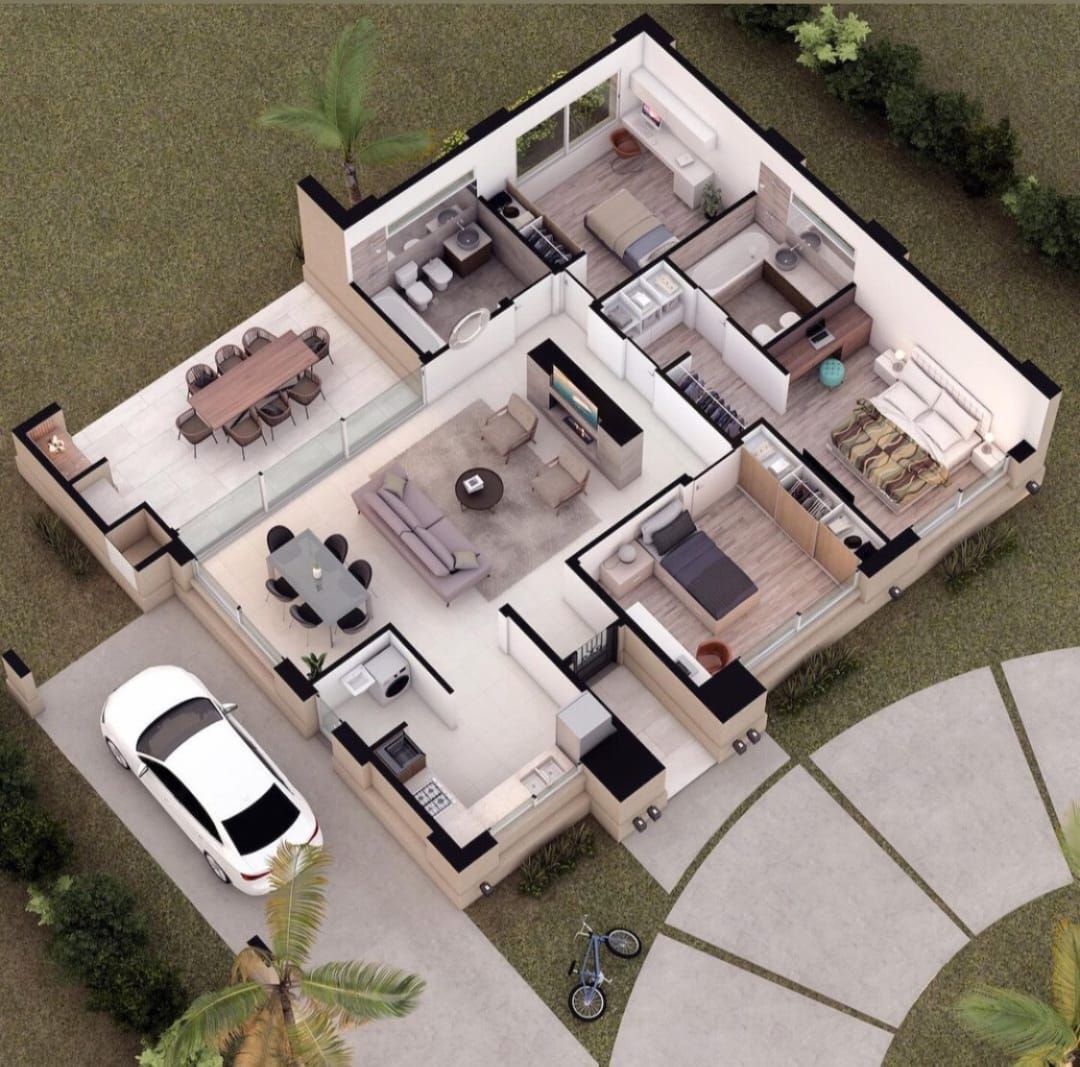 Plano de planta en 3D con vista en sección del interior de una casa moderna