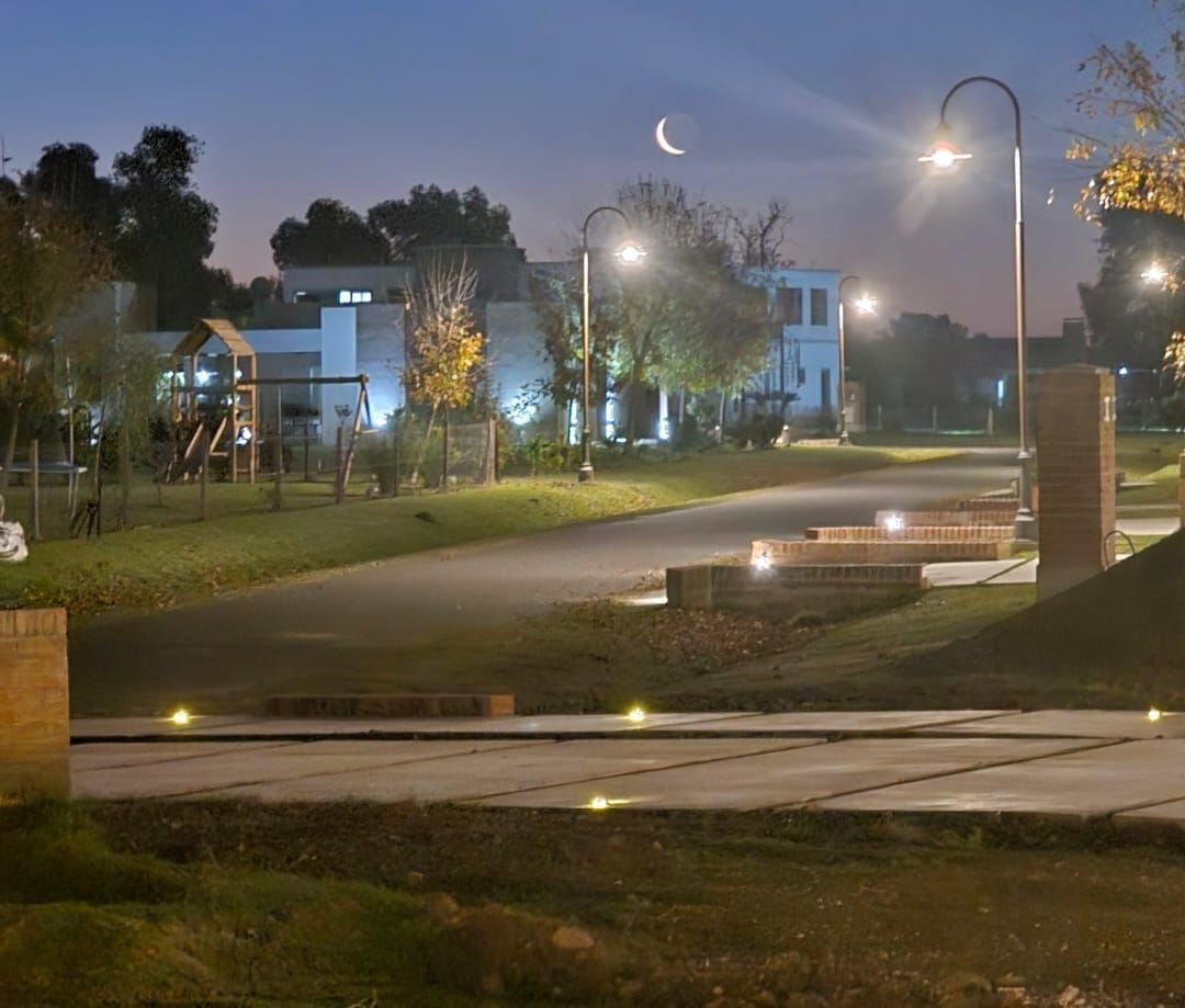 Sendero del parque iluminado por la luna, con farolas, bancos y edificios al anochecer.