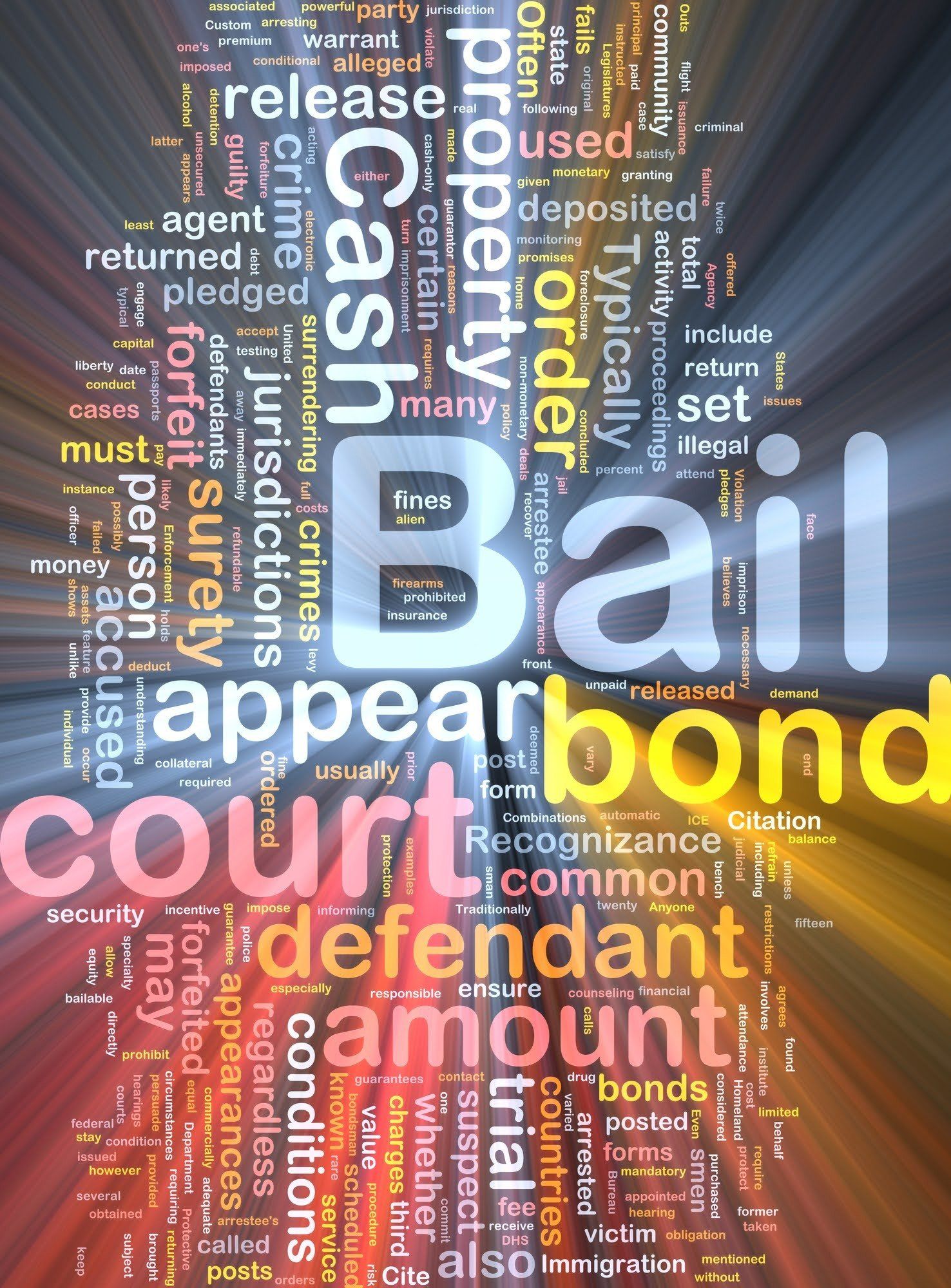 Word cloud on a Bail theme with keywords like cash, defendant, court, and property in a burst of colors.