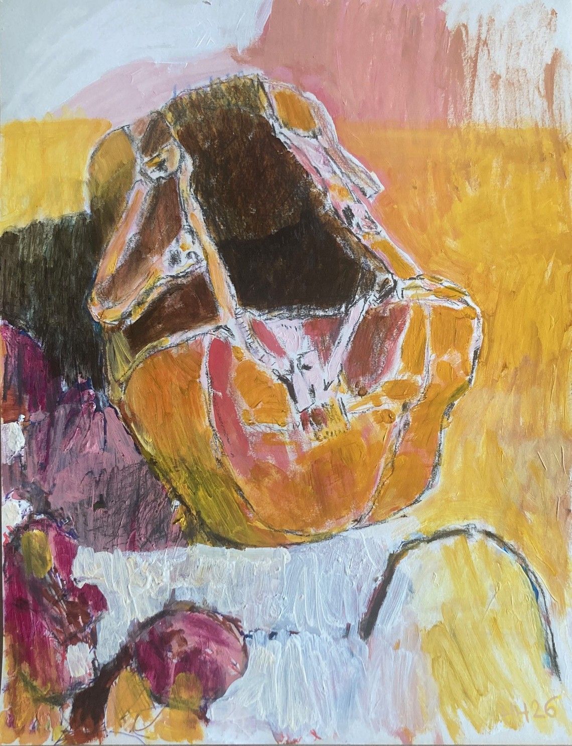 Portrait of a broken bag I, acrylic paint and mixed media on paper, 50x65cm, 2026.