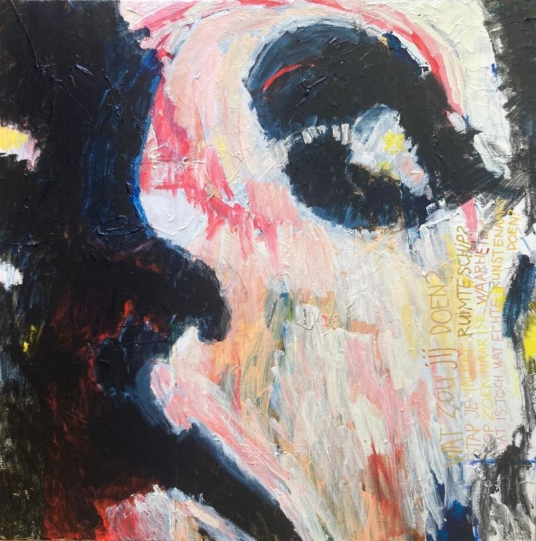 Space Girl I, acrylic paint on canvas, 100x100cm, 2025, Hennie Huijgens. This painting is part (top left) of a four-part painting Space Girl.