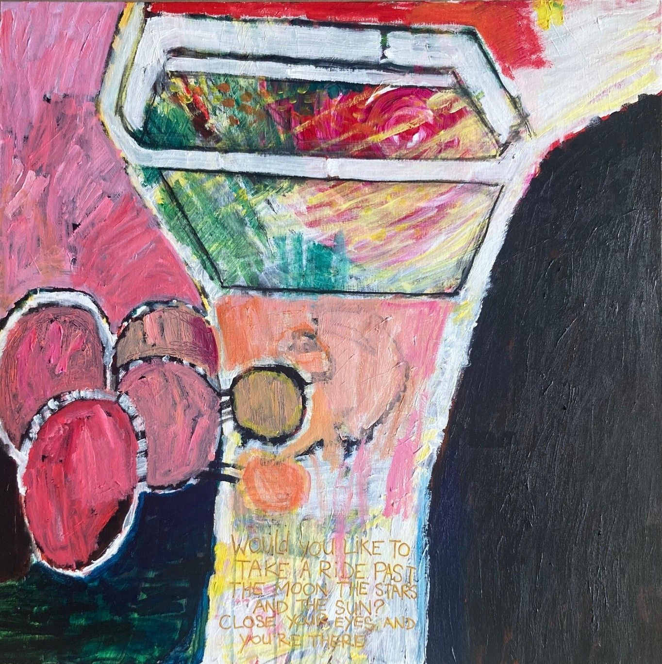 Space Girl II, acrylic paint on canvas, 100x100cm, 2025, Hennie Huijgens. This painting is part (top right) of a four-part painting Space Girl.
