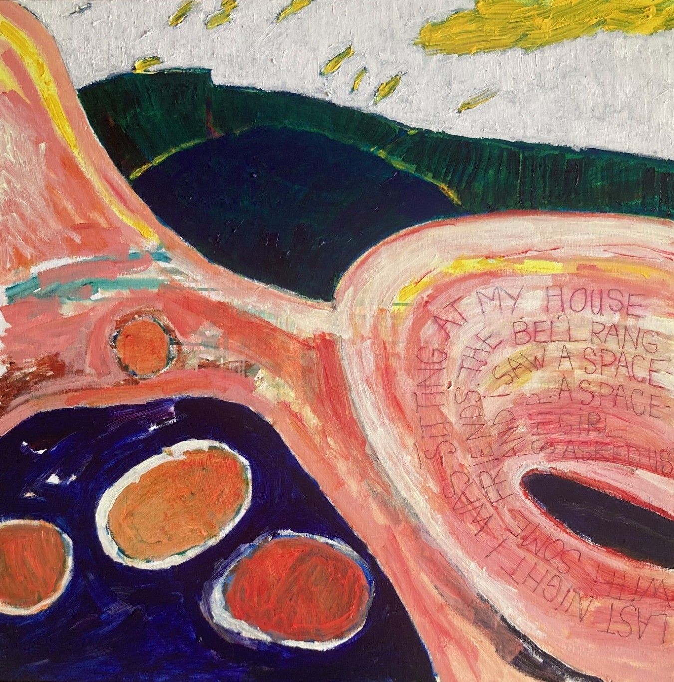 Space Girl IV, acrylic paint on canvas, 100x100cm, 2025, Hennie Huijgens. This painting is part (bottom left) of a four-part painting Space Girl.