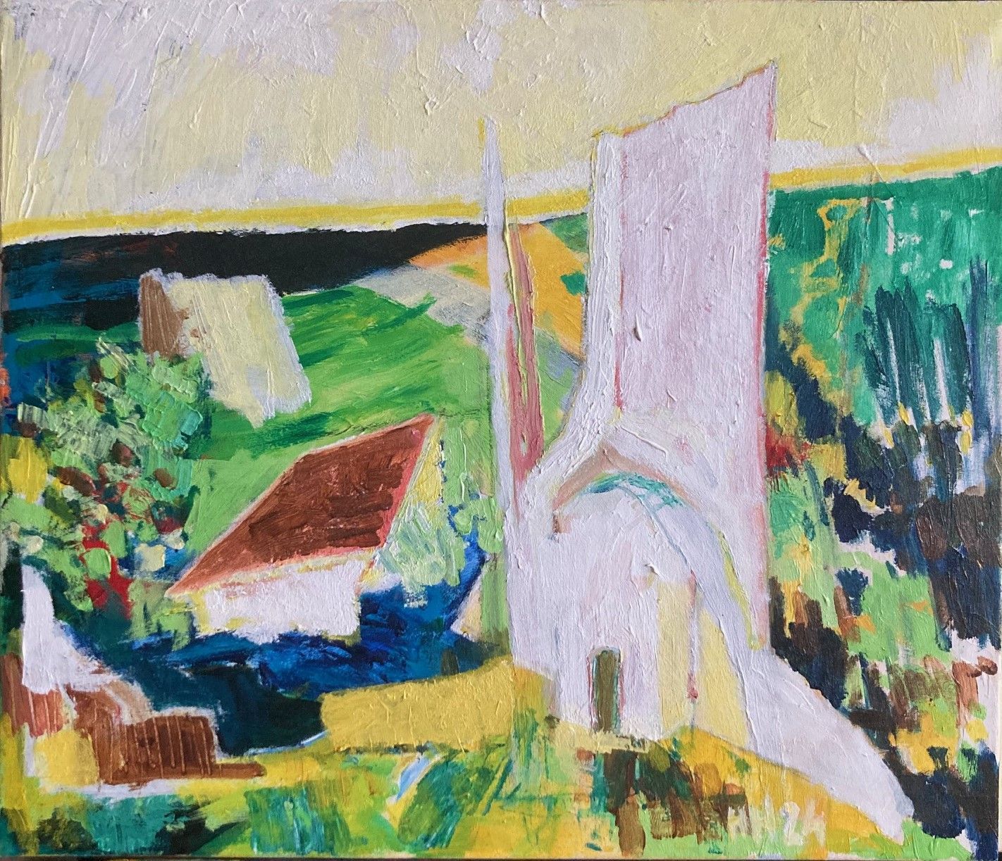 Landscape sketch with old ruins in Creuse, France, acrylic on canvas, 60x70cm, 2024, Hennie Huijgens.