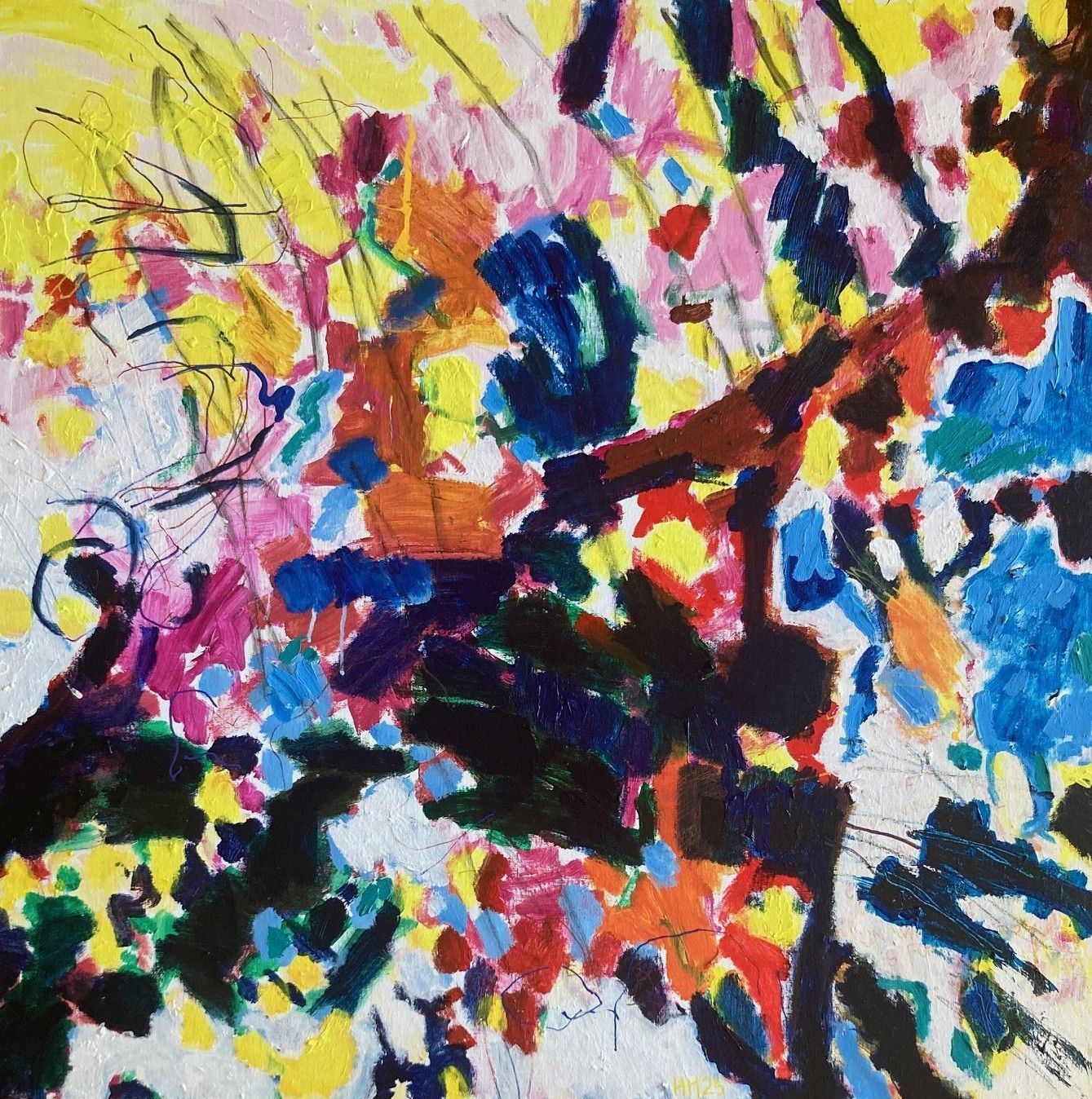 Shadows I (early morning), acrylic paint on canvas, 100x100cm, 2025, Hennie Huijgens. This painting is part (left) of a triptych painting Shadows.