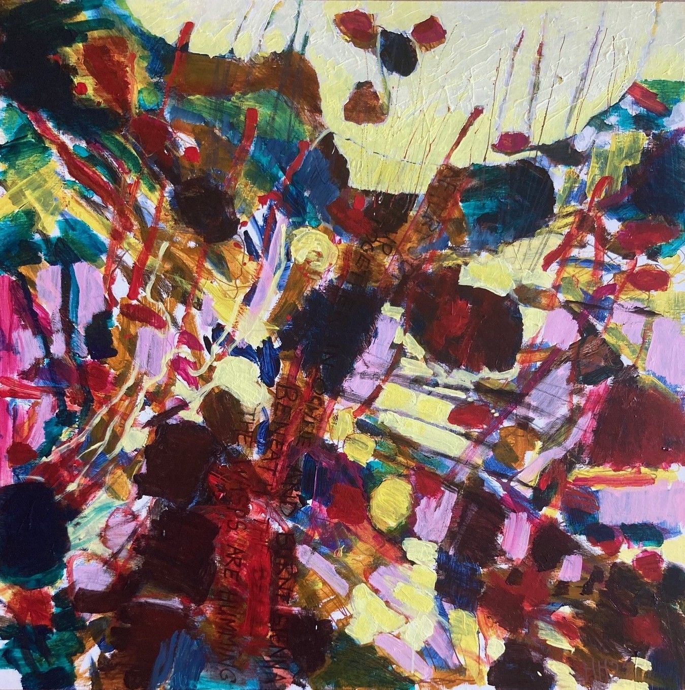 Shadows II (afternoon), acrylic paint on canvas, 100x100cm, 2025, Hennie Huijgens. This painting is part (center) of a triptych painting Shadows.