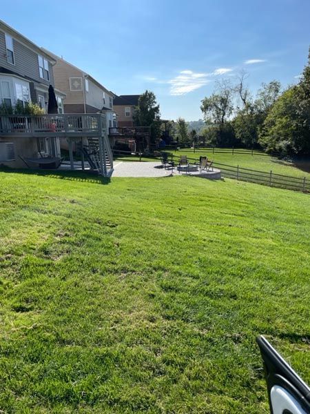 A lush green field with houses in the background