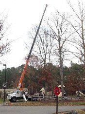 Crane — Williamsburg, VA — Top Notch Tree Service Truck with an extended crane lifting materials near a stop sign and trees.