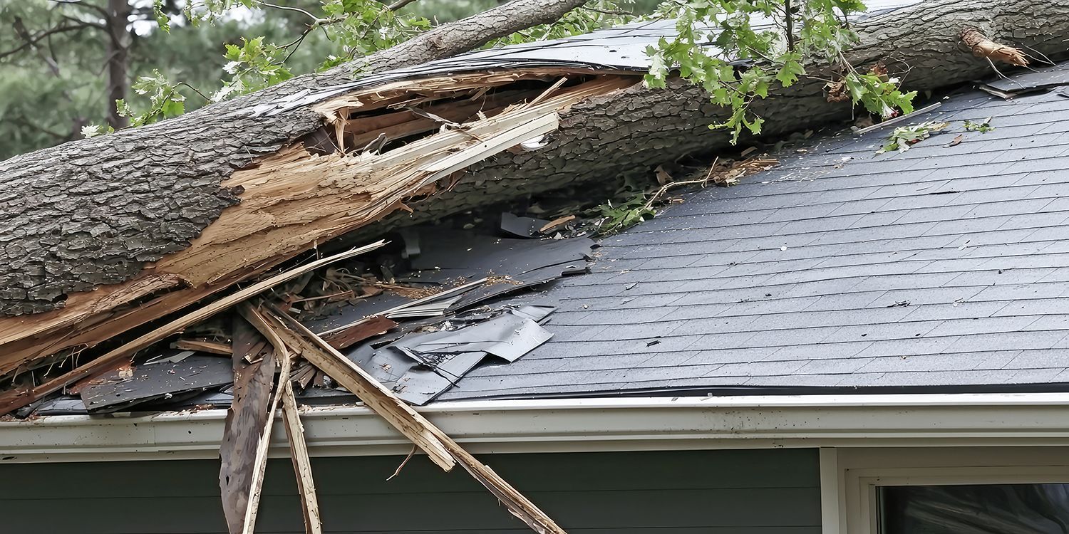 Severe roof damage from a fallen oak requiring emergency tree removal and structural repair. Severe roof damage from a fallen oak requiring emergency tree removal and structural repair.