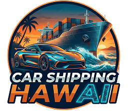 Logo: Blue sports car, cargo ship, palm trees, and 