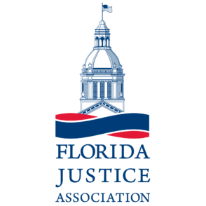 Florida Justice Association logo featuring a capitol building over red and blue ribbon, text