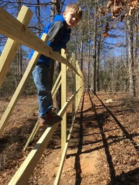Child walking on a wooden rail outdoors in a wooded area, holding the fence for balance.