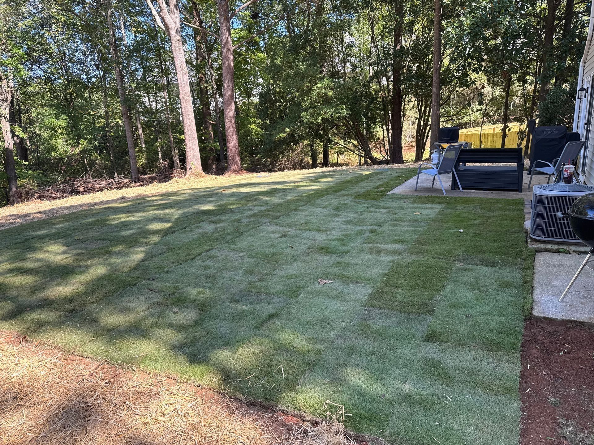 Backyard lawn with freshly mowed grass, trees, and a patio with outdoor furniture on the right.