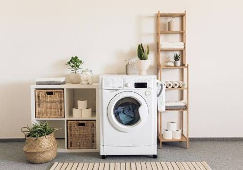 A room with a washing machine appliance.