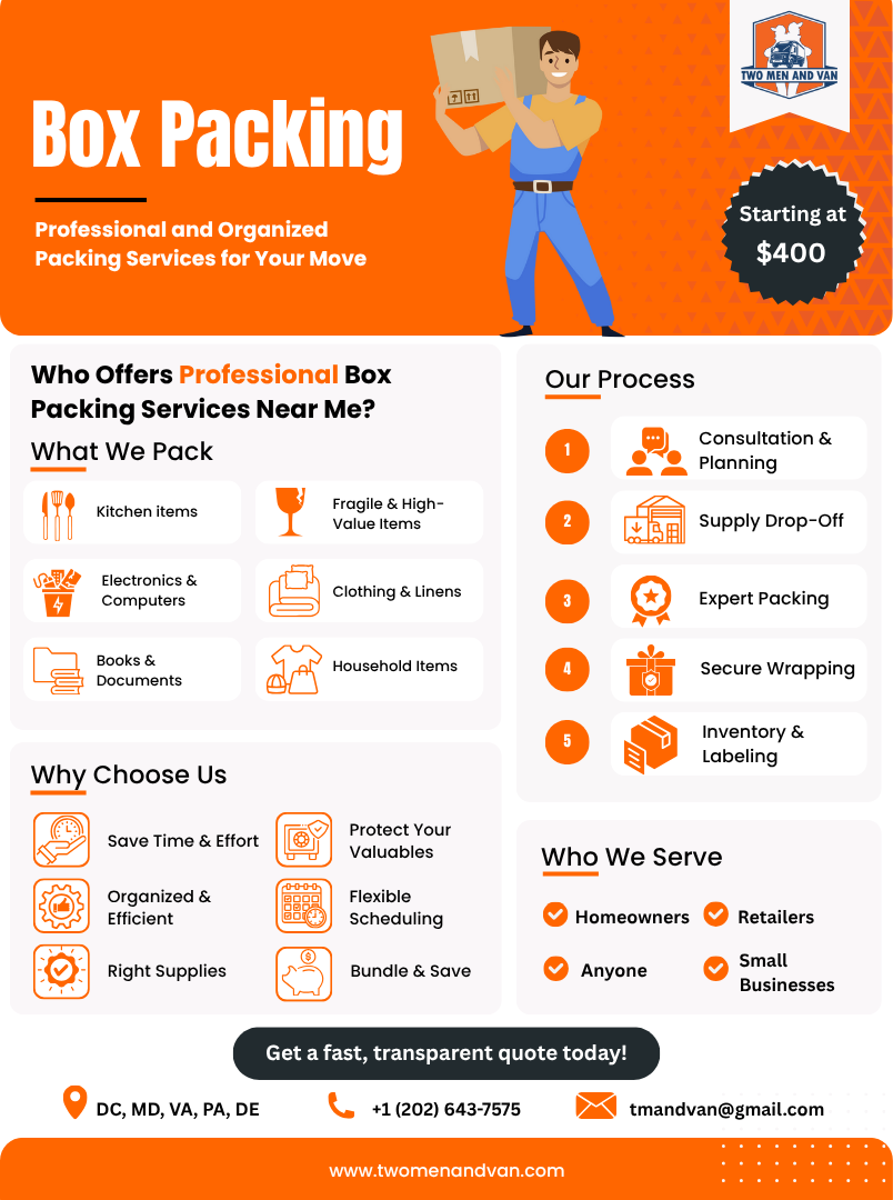 Flyer: Box packing service advertisement. Orange and white design with icons and text. Man holding a box.
