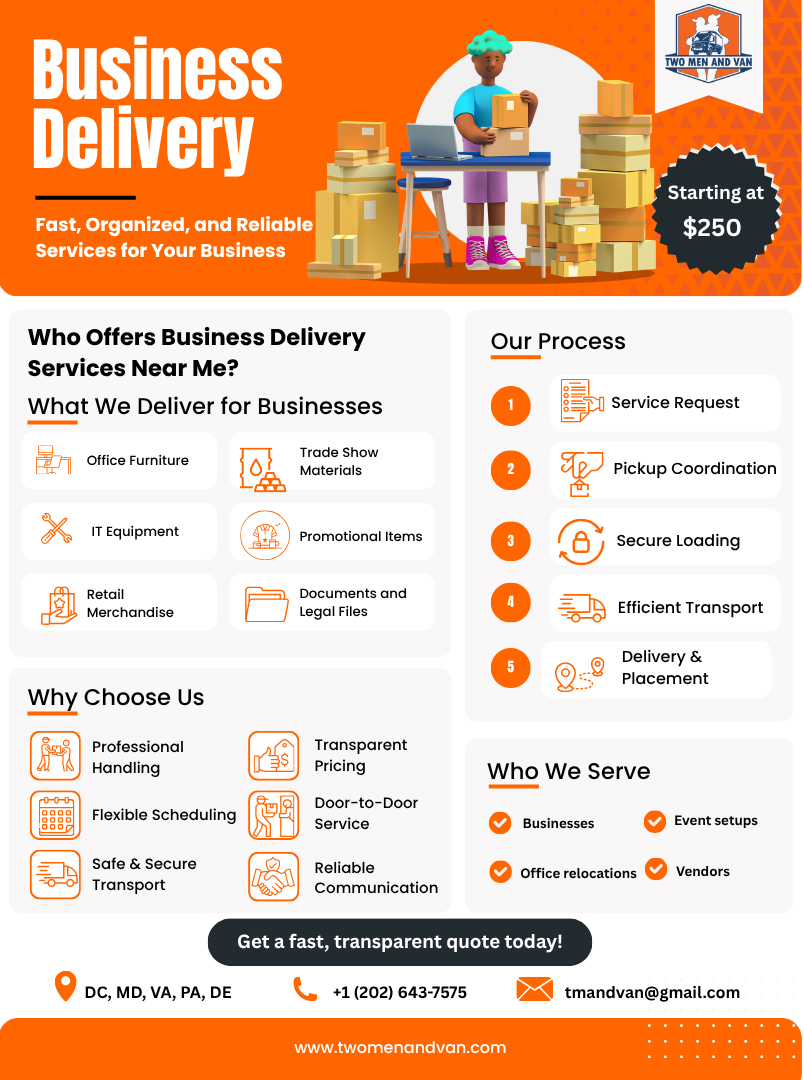 Orange and white flyer for business delivery services. Includes text, icons, and figures representing delivery.