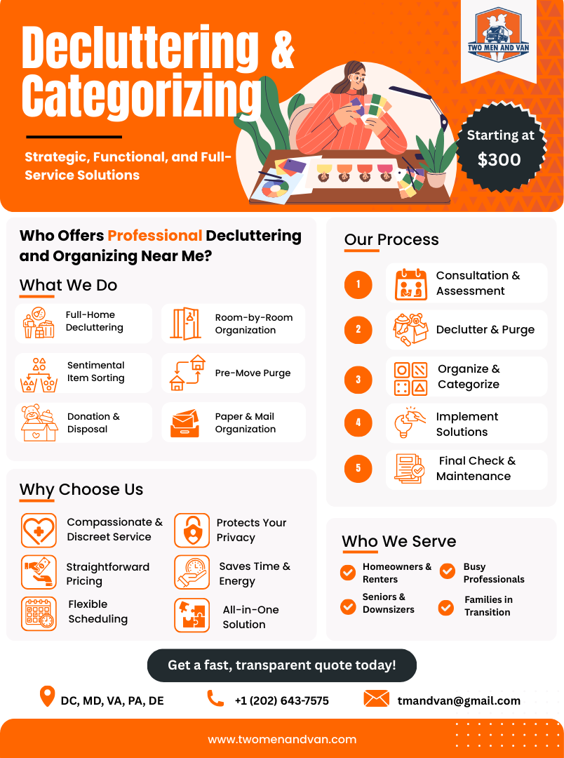 Flyer: Decluttering & Categorizing services. Includes person organizing, icons, and contact info.