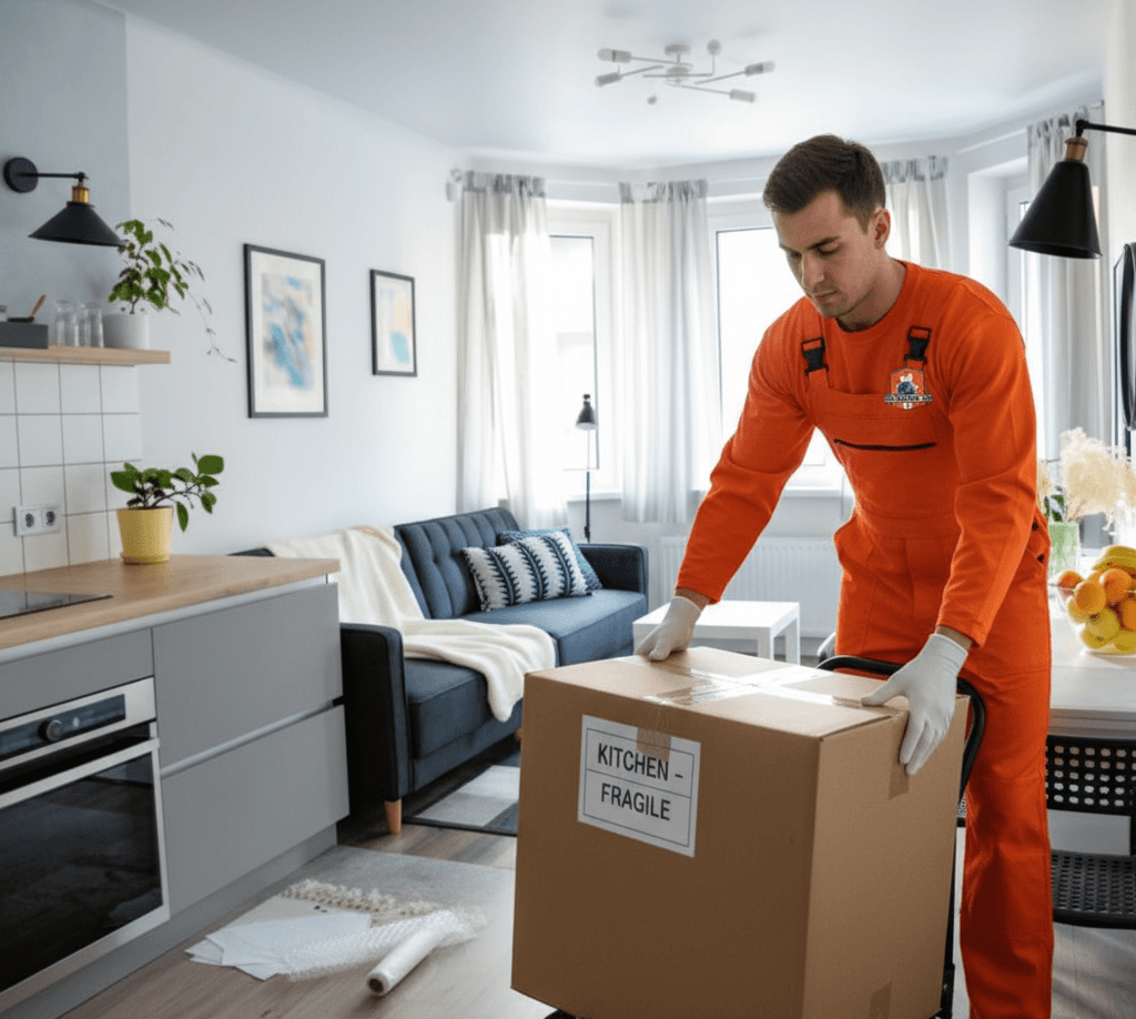 Professional mover in orange jumpsuit placing a packed box on a dolly in a small apartment