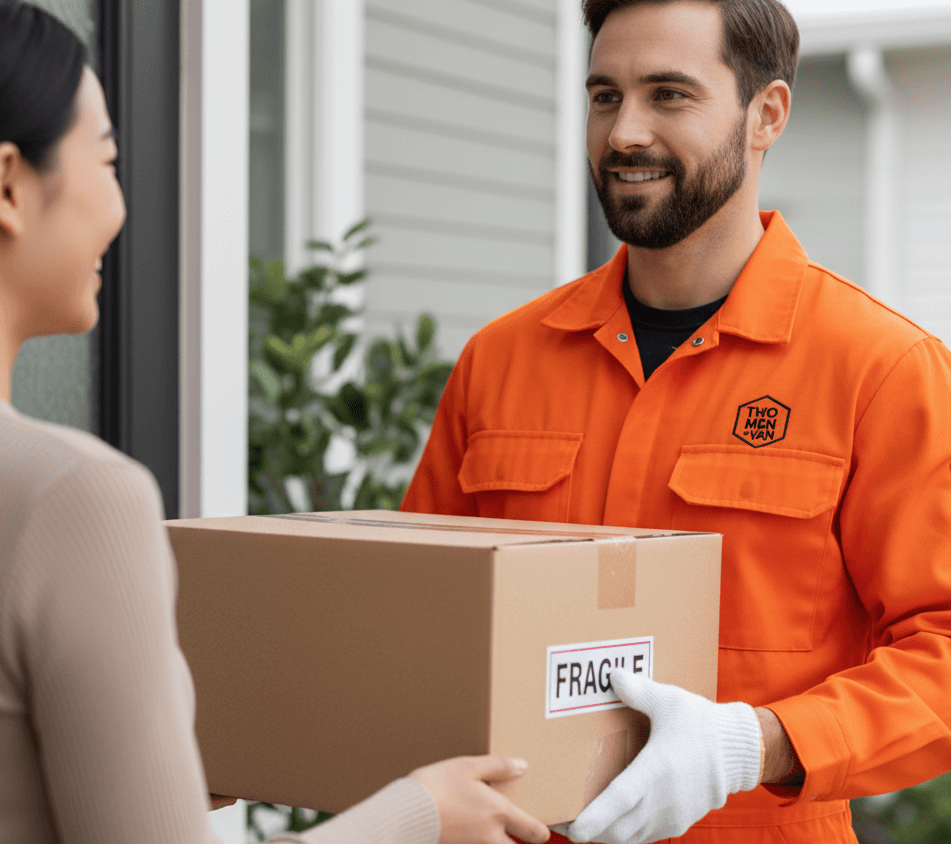 Mover in orange jumpsuit delivering a package to a homeowner at their front door