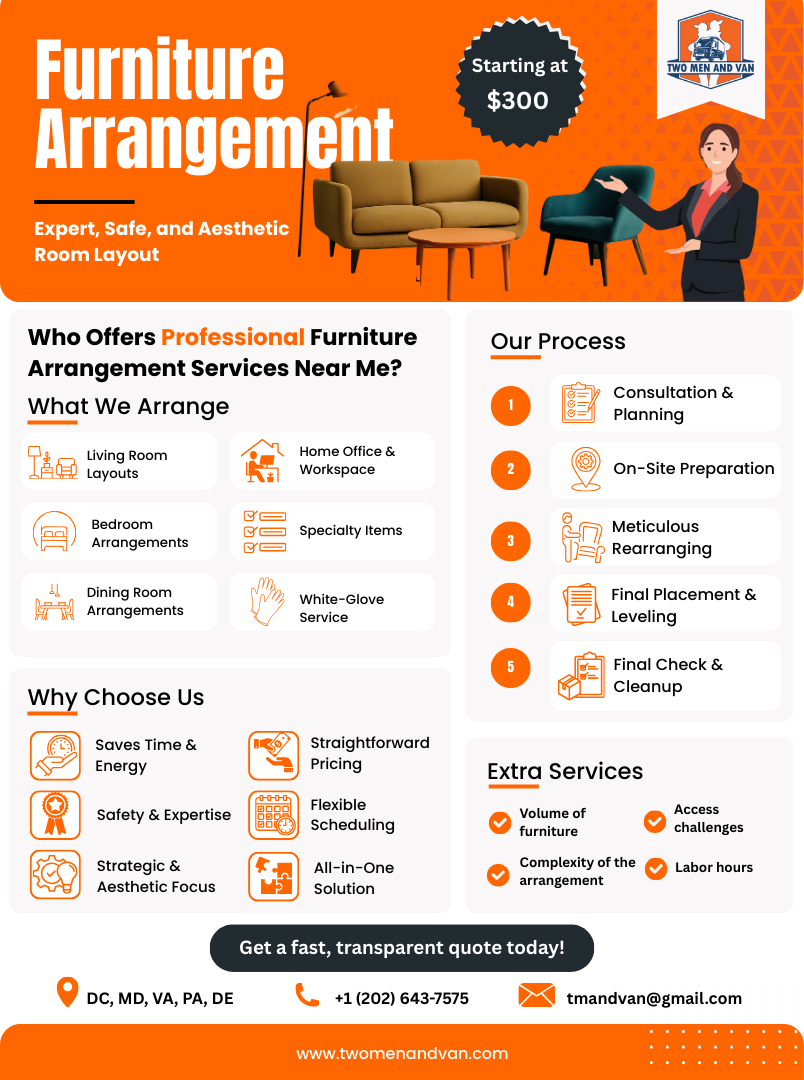 A promotional flyer for furniture arrangement services; offers starting at $300. Includes images of furniture and a woman.