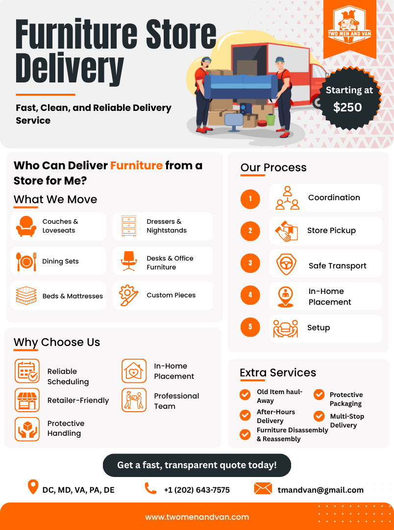 Furniture store delivery advertisement. Features logo, delivery services details, and contact information.