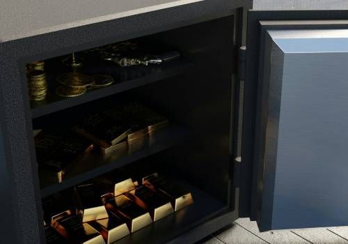 A safe containing high-value items, in this case, gold.