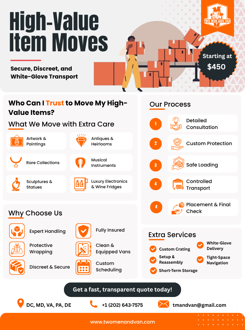 Advertisement for high-value item moves, featuring boxes, an employee, and pricing.