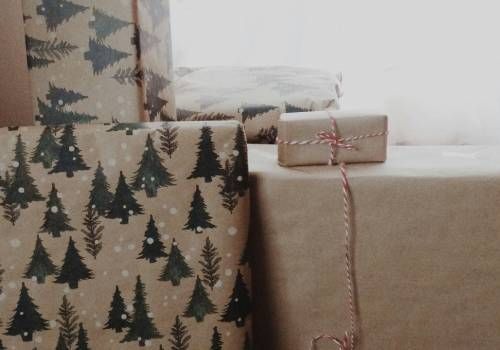 Packages with festive wrappings and ribbons.