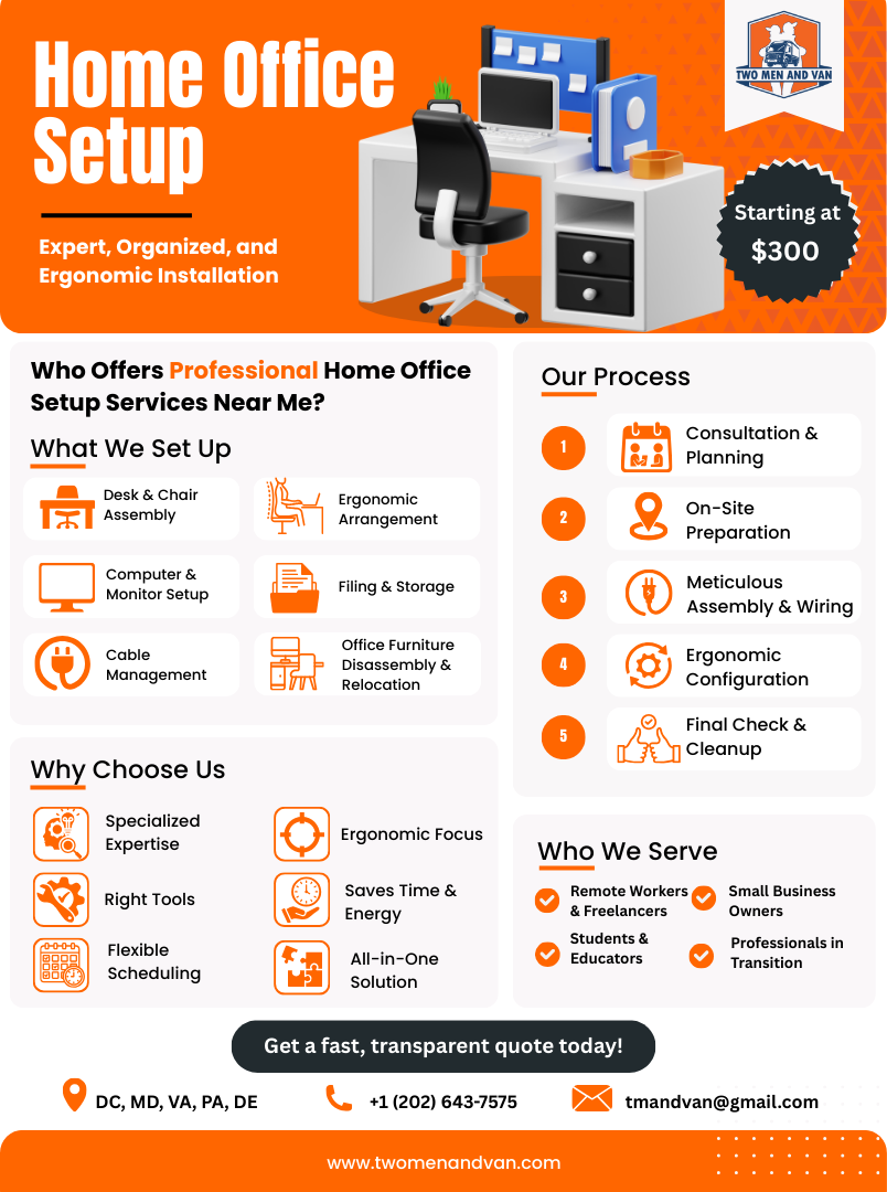 Home office setup service advertisement with orange accents, showing a workspace and service details.
