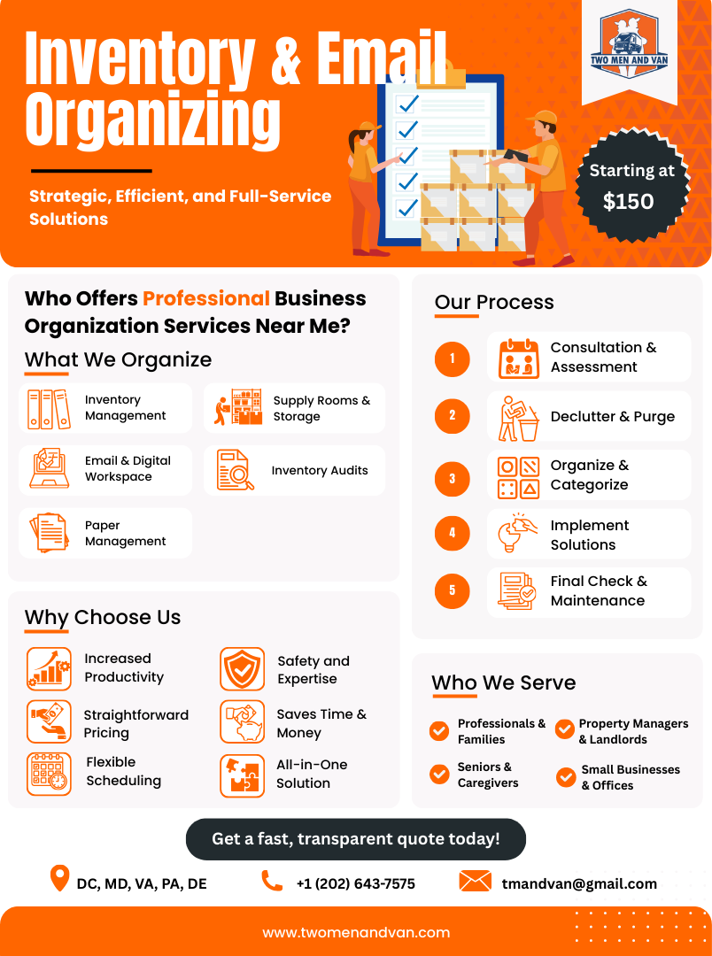 Orange flyer for inventory and email organizing, listing services and benefits.