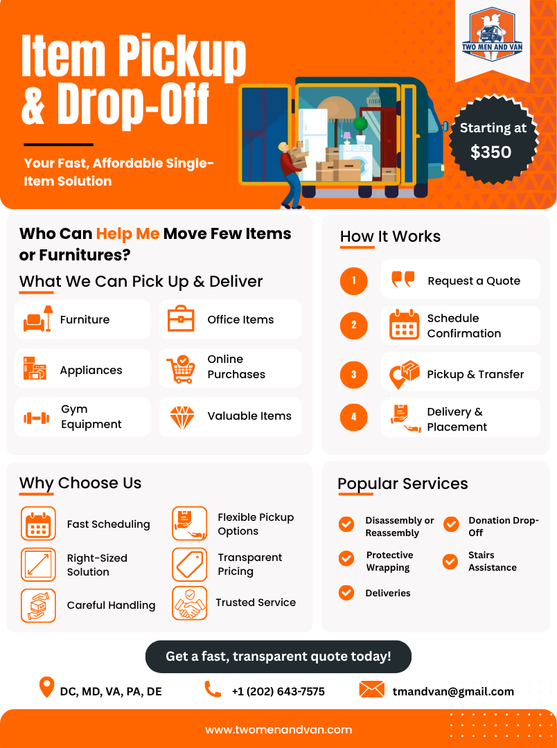 Flyer promoting item pickup and drop-off service. Orange background, truck graphic, and text.
