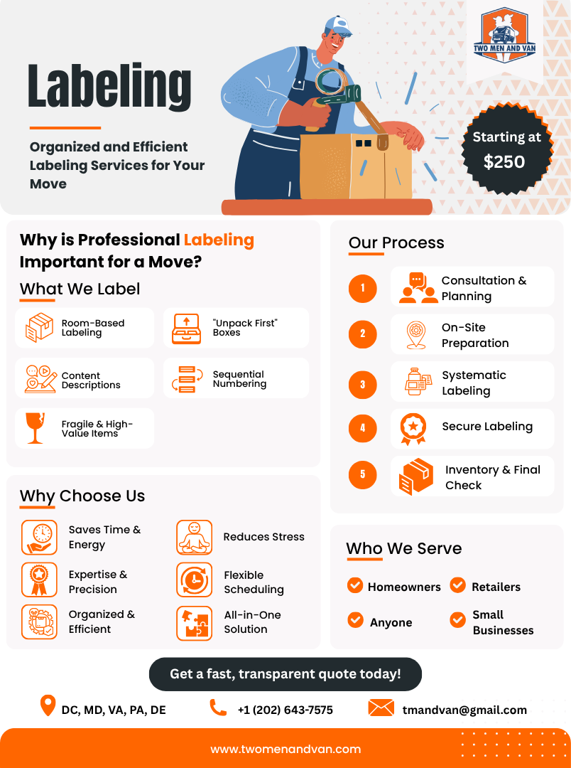 Flyer for labeling services with a worker labeling a box. Text includes