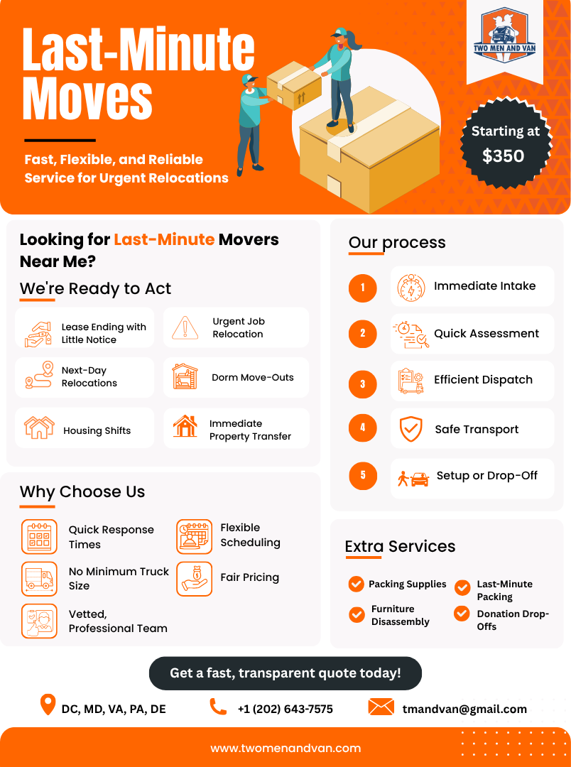Orange ad for last-minute movers, with people loading boxes. Offers services and a quote.