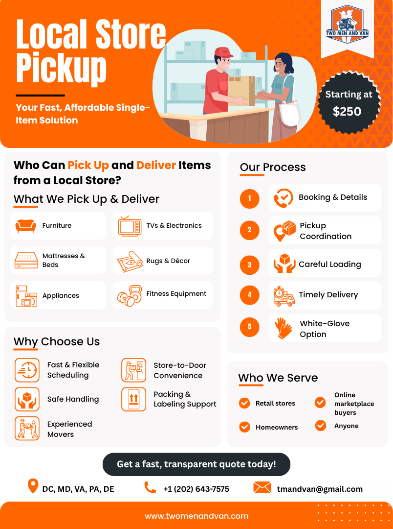 Orange flyer promoting local store pickup service. Features text, icons, illustrations of people, and pricing.