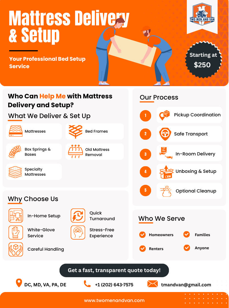 Advertisement for mattress delivery and setup service; two workers, details on services, and contact info.