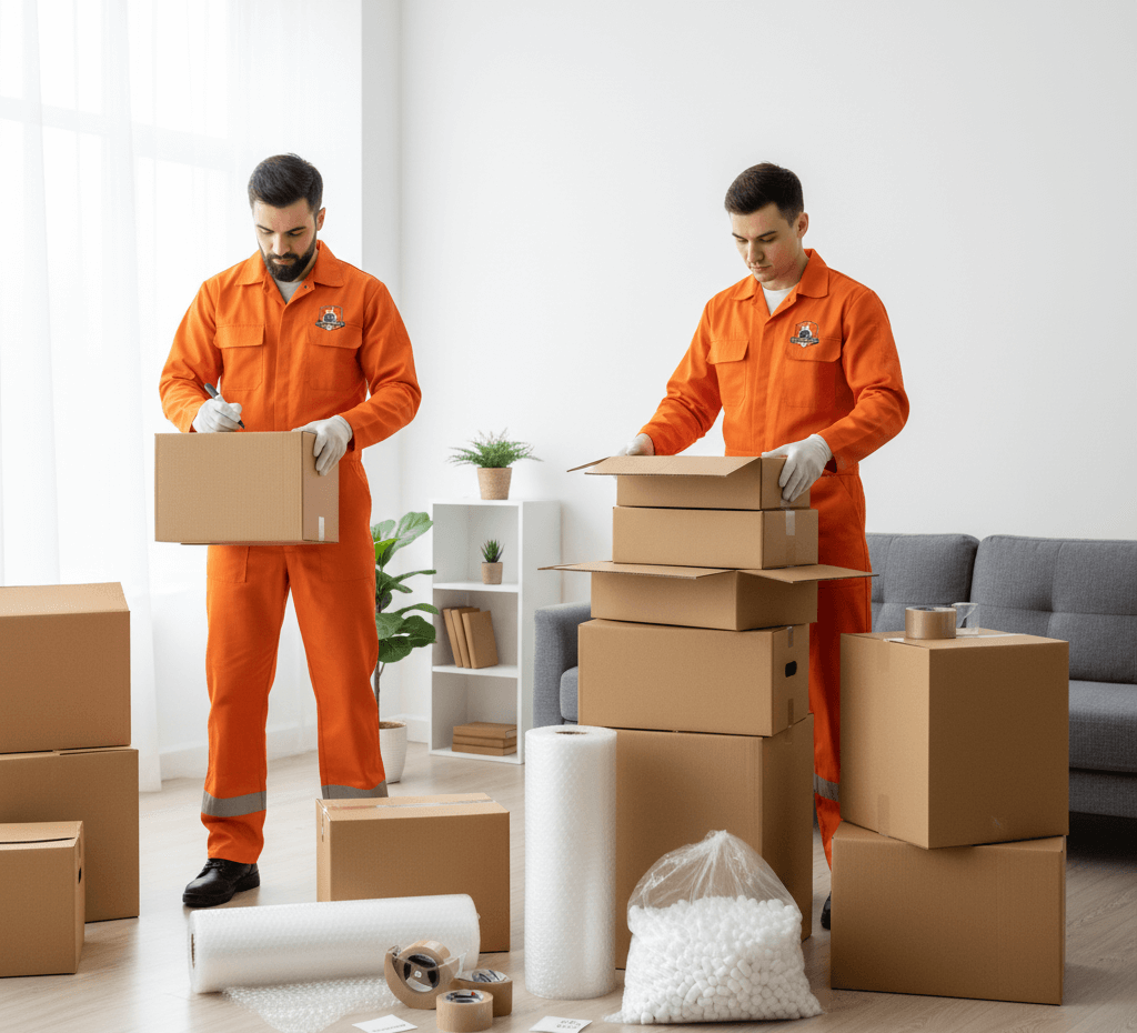 Mover in orange jumpsuit preparing packing materials and boxes on a table.