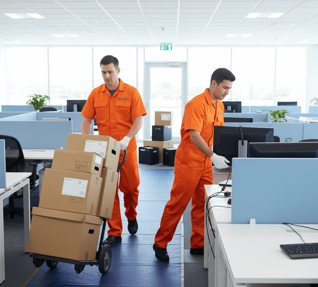 Movers relocating office desks, chairs, and computers while maintaining a clean workspace.