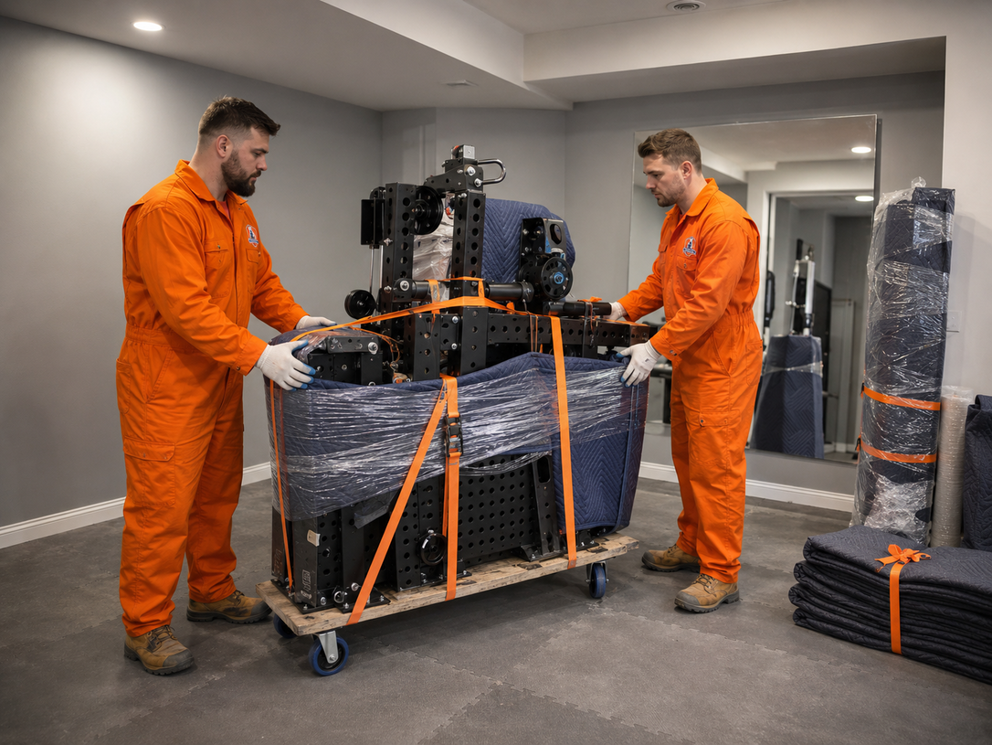 Two workers in orange uniforms move a large machine on a dolly in a hallway.