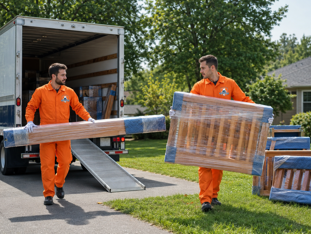 Two workers in orange uniforms unload wrapped pallets from a truck into a yard.
