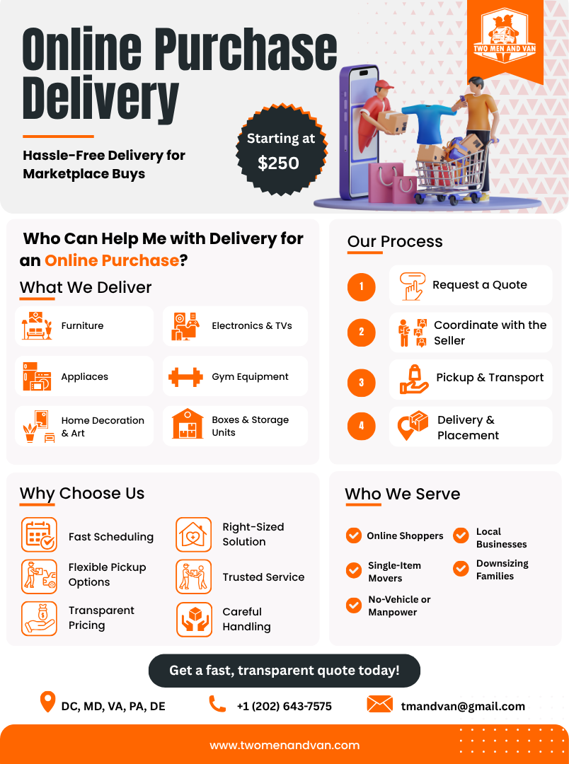 Online purchase delivery advertisement with icons, pricing, and contact information.