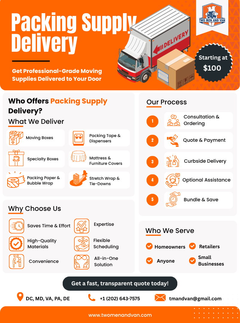 Orange flyer: Packing supply delivery service. Truck, boxes, and a list of services provided.