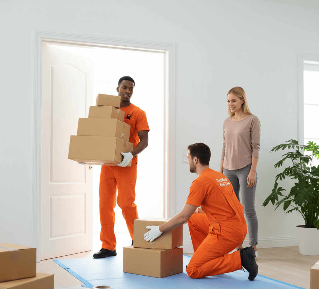 Professional movers carrying multiple e-commerce packages into a modern home entryway