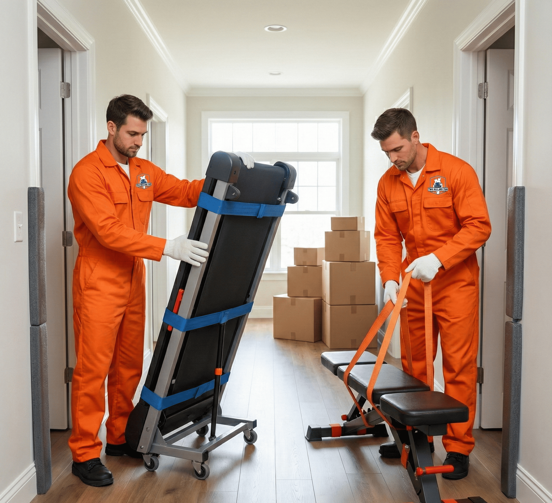 Two movers in orange jumpsuits transporting exercise equipment in a hallway with moving boxes.