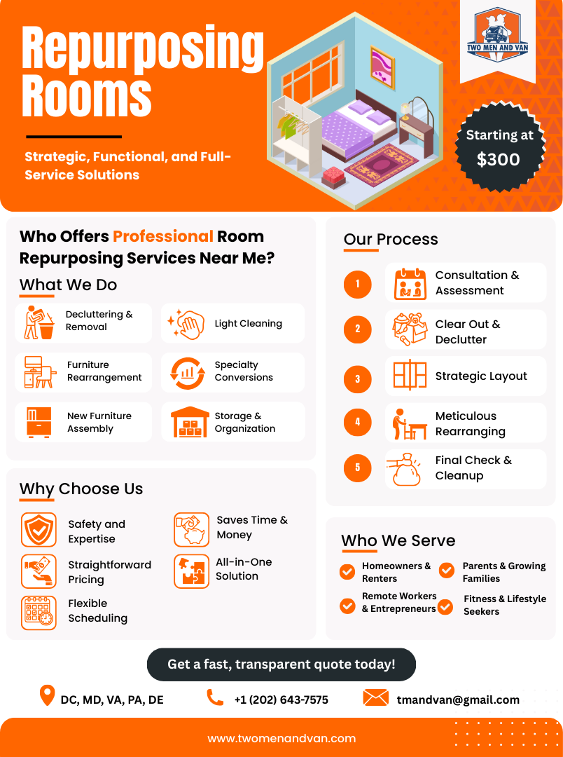 Flyer for room repurposing services, orange theme, includes pricing, and service details.
