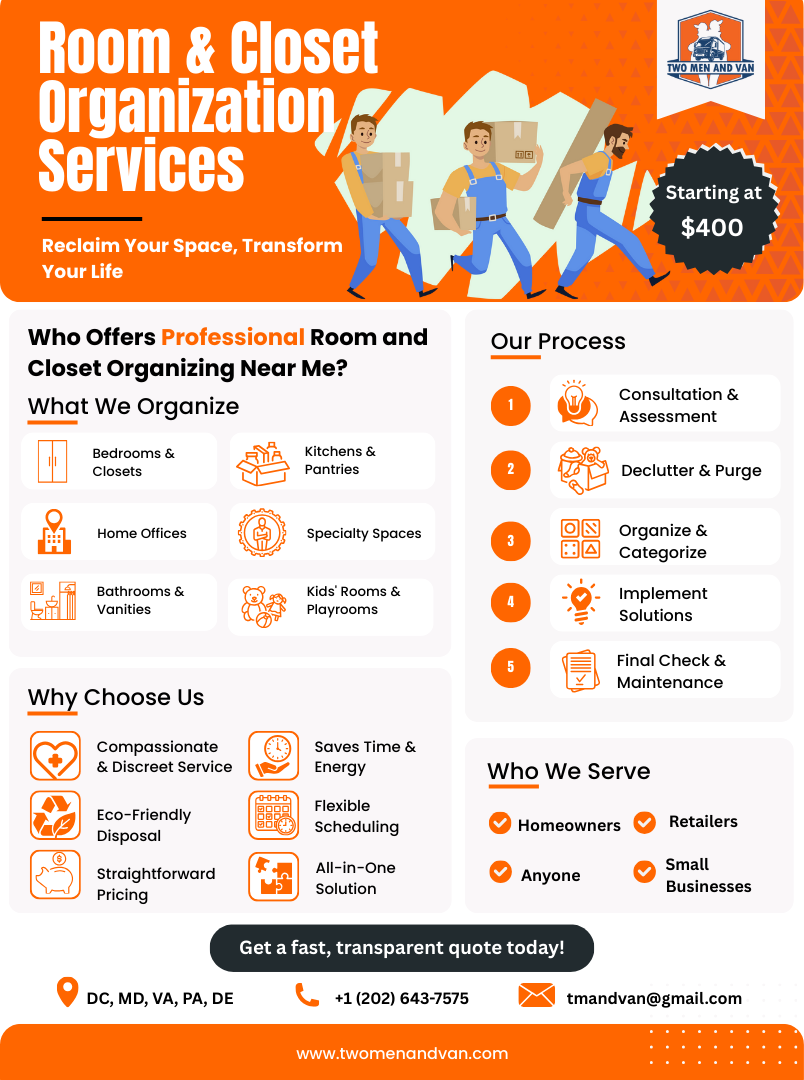 Flyer for room and closet organization services. Features workers, services offered, and contact info.